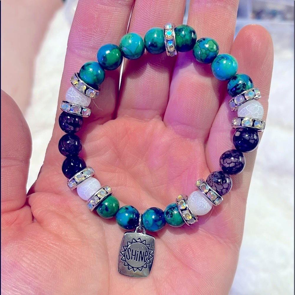 2 for $35 Chrysocolla, dyed crackle agate & white crackle agate with “shine”